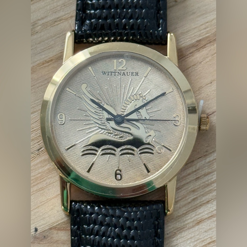 Wittnauer Longines Pegasus New NOS Vintage Watch IOB Gold Dial Leather Strap